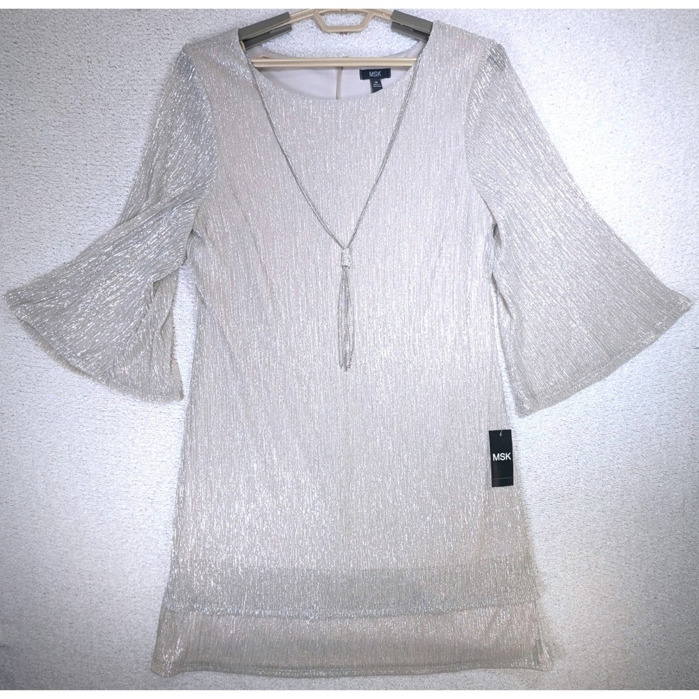 MSK Womens Overlay Necklace Dress 9351196 Metallic Mink Silver Bell Sleeve 16